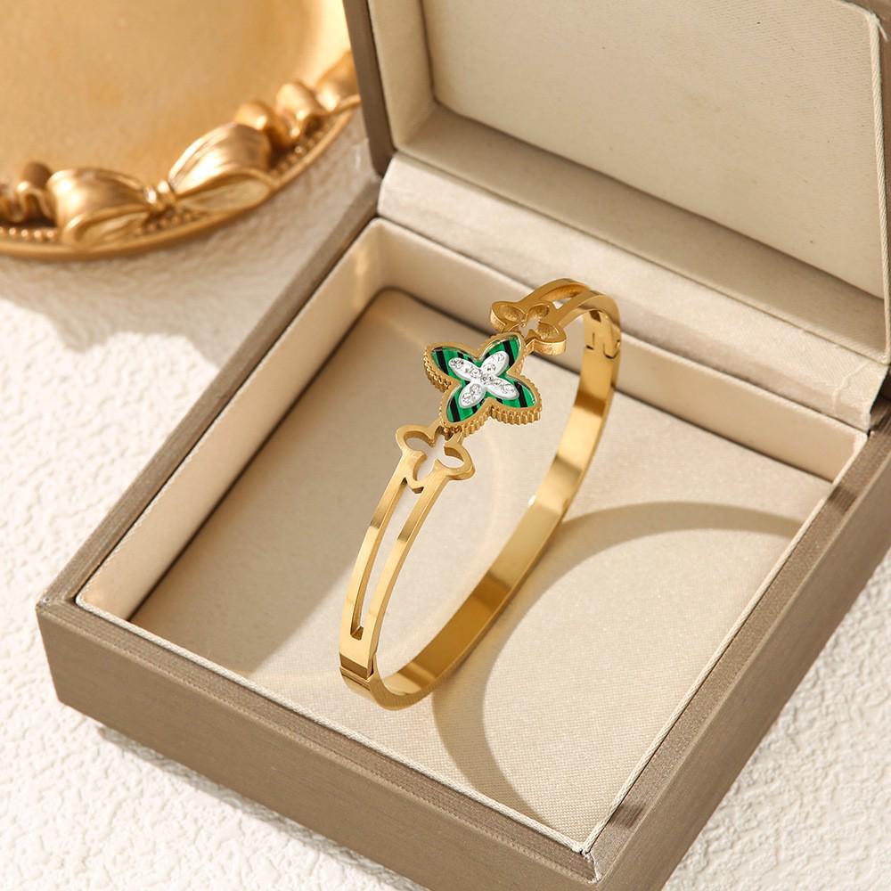 

Браслет из титановой стали с бриллиантами в виде четырехлистного клевера - Модный талисман удачи для женщин