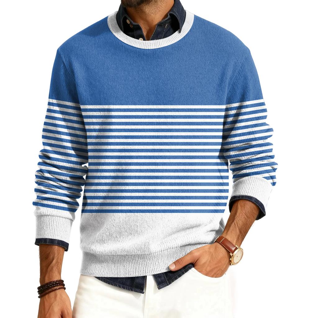 Męski sweter z okrągłym dekoltem, długim rękawem i prążkowanej dzianiny