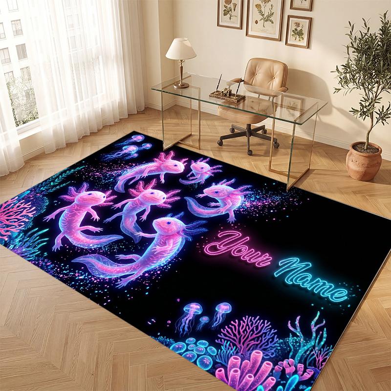 Axolotl Theme Soft Crystal Velvet Rug Custom Name & Text Print Non Slip Floor Rug for Bedroom Living Room