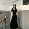 2026 Summer Elegant Color Block V-neck Short-sleeve Dress, Women's Slimming Waist-cinching Trendy Long Skirt.