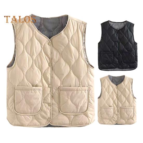 Winter Women Layering Vest Coat with Storage Bag Thin Padded Press Button Closure V Neck Sleeveless Solid Color Windproof Heat Retention Outdoor Down
