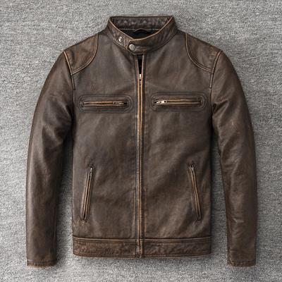 Vintage Yellow Brown Genuine Cow Men Leather Jacket Soft Slim Fit Short Slim Real Cowhide Bomber Coat Spring Autumn
