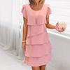 Women Chiffon Dress with Ruched Edge Round Neck Short Sleeves Multi-Layer Design Summer Midi
