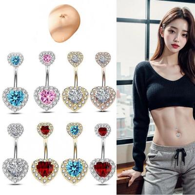 Love Zircon Navel Ring Stainless Steel Body Piercing Jewelry Double Heart Belly Button Ring  Gift