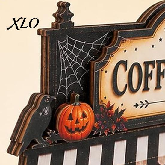 Autumn Seasonal Home Decor Wooden Halloween Coffee Bar Sign, Fall Harvest Tabletop Plaque with Pumpkin Accessories for Ghost Cat, Retro Shop Ornament