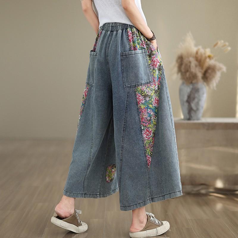 Femei talie înaltă pantaloni largi din denim pantaloni femei stil vintage patchwork floral imprimare blugi casual largi femei