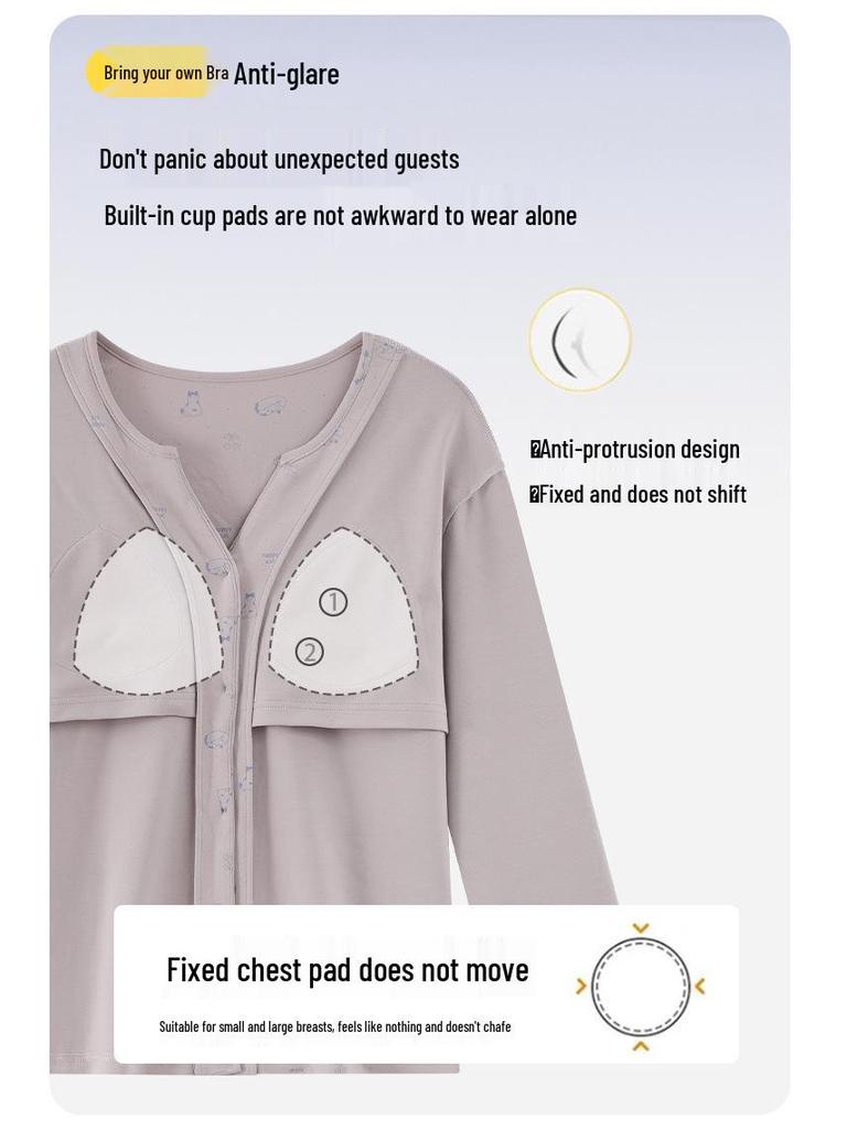 Women's V-Neck Cotton Cardigan with Chest Pads - Long Sleeve, Sweet Cartoon Design for Home or Casual Wear in Spring and Autumn.
