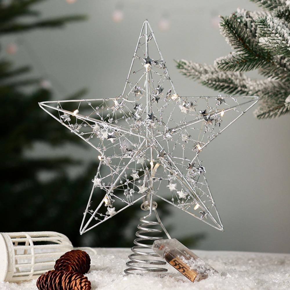 Gold Iron Xmas Tree Ornaments Pearl Wire LED Glowing Star Lamp New Home Decoration Party Decor