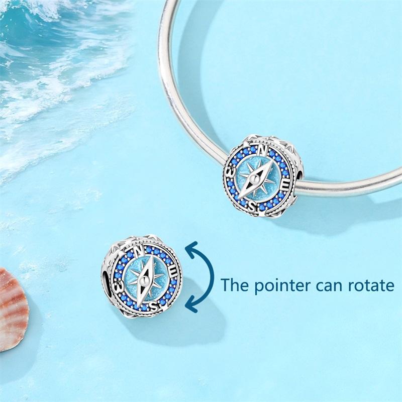 925 Silver Compass Charms Beads Sparkling CZ Zircon Dangle Fit Original Bracelet DIY For Women Travel Jewelry Gifts