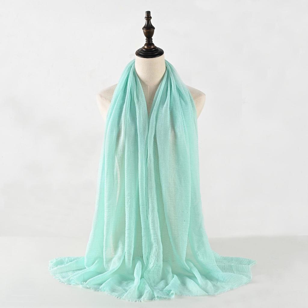 Crinkled Cotton-Linen Blend Scarf with Fringe - Solid Color, 90x180cm, Women's Headscarf