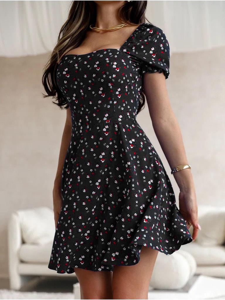 European & American Summer Floral Puff Sleeve Dress with Waist-Cinching Square Neck