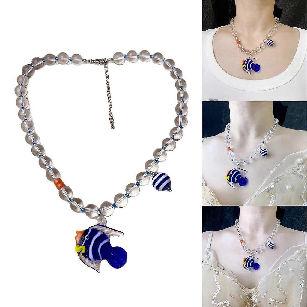 Elegant Blue Fish Pendant Necklace Adjustable Chain Necklace Glass Charm Necklace Fashion Accessory Present for Women