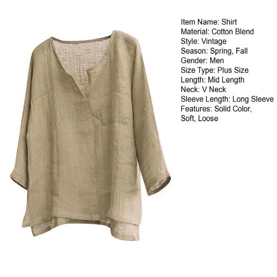 Men Shirt Loose Pullover V Neck Vintage Solid Color Keep Trendy Chinese Style Plus Size Mid Length Men Top for Daily Wear