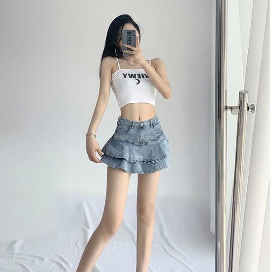 American Denim Skirt with Women's Inner Lining Design, High Waisted and Slim A-line Ruffle Edge Wrap Buttocks Skirt, Summer Bottoms
