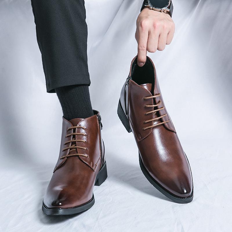 British Glossy Leather Martin Boots - Men's Brown Mid-Top with Pointed Toe and Side Zipper, Ideal for Business Formal Wear.