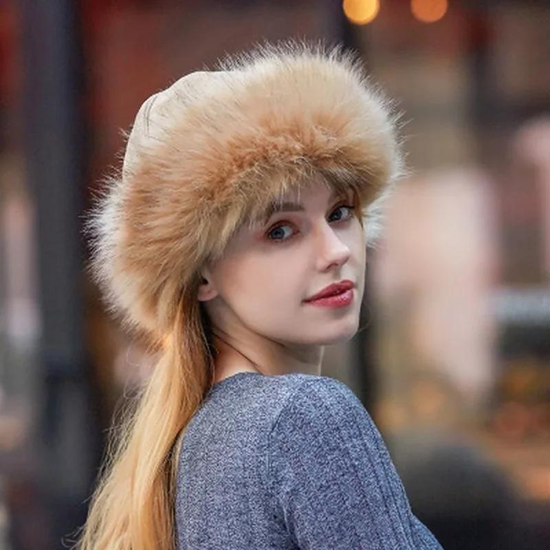 Women Fluffy Faux Fur Hats Winter Thick Warm Ears Snow Cap Windproof Hat Winter Women Hat