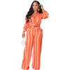 European & American Women's Striped Two-Piece Set: Long Sleeve Shirt & Pants