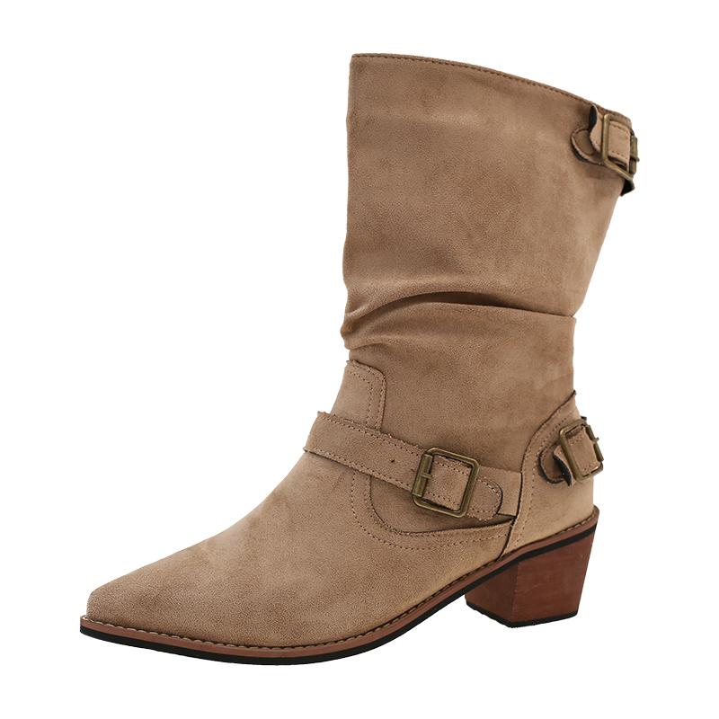

Fashion Women s Block Heel Single Boots Autumn New Pointed Toe Metal Buckle Anti-slip Wear-resistant Mid-leg Boots 42 хаки