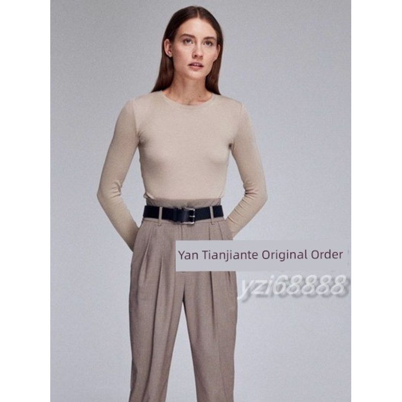 Russian Single Fall and Winter Plaid Elastic Slim Fit Slim Looking Pure Color All-Matching round Neck Long Sleeve Bottoming Top Women