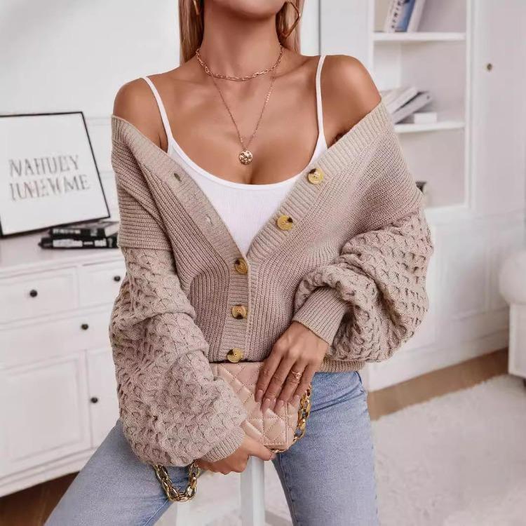 Vintage Solid Color V Neck Knitwear Cardigan Loose Long Sleeve Sweater Top for Autumn Winter