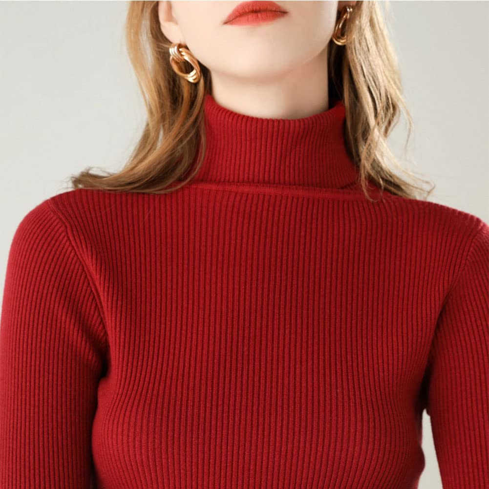 ZUEVI Turtleneck Long Sleeve Knit Solid Plus Wine Red Women's Sweater, Color, Spring/Autumn, Stretch, Sizes, (ZJP0049W-L)
