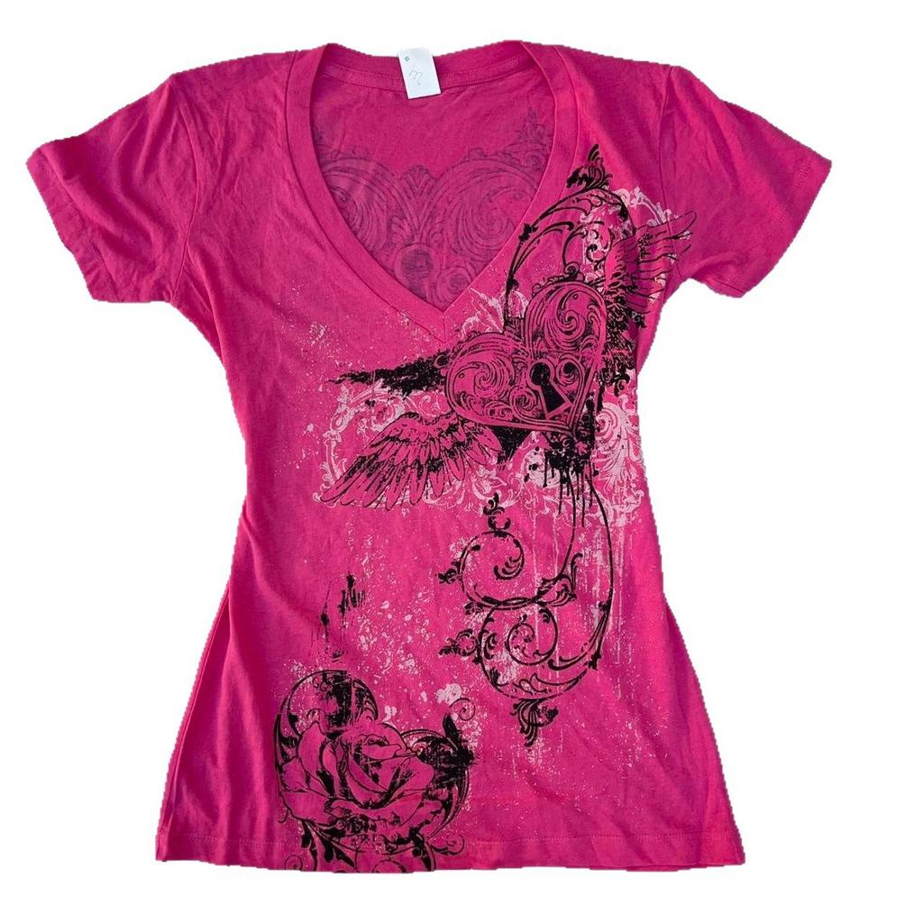 European New Women's Slim T-shirt Printed V-neck Top Tube Top Sexy Hot Girl Fashion Retro Style Women's Clothing Y2K Style