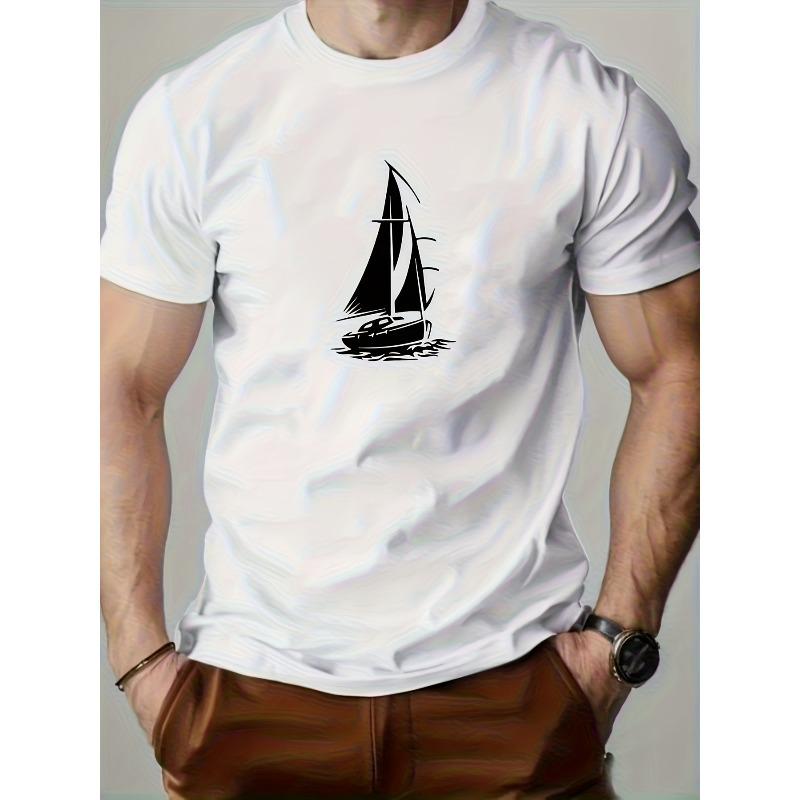 European Size Men'S Casual Sailboat Patterned Summer T-Shirt - Lightweight And Breathable Round Neck Short-Sleeve Tee, Perfect for The Beach