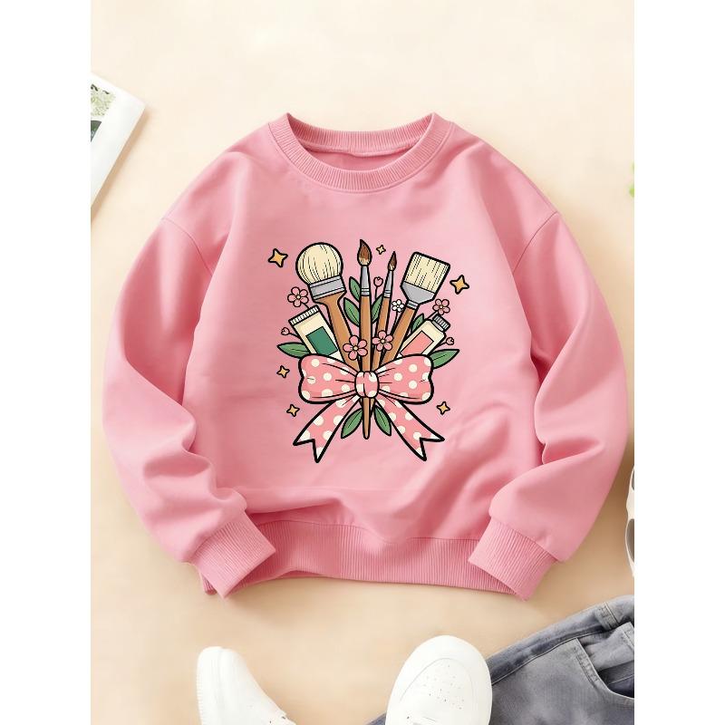 Kids Crewneck Sweatshirt, Artistic Brushstroke Bow Bouquet Print Long Sleeve Top for Autumn Winter