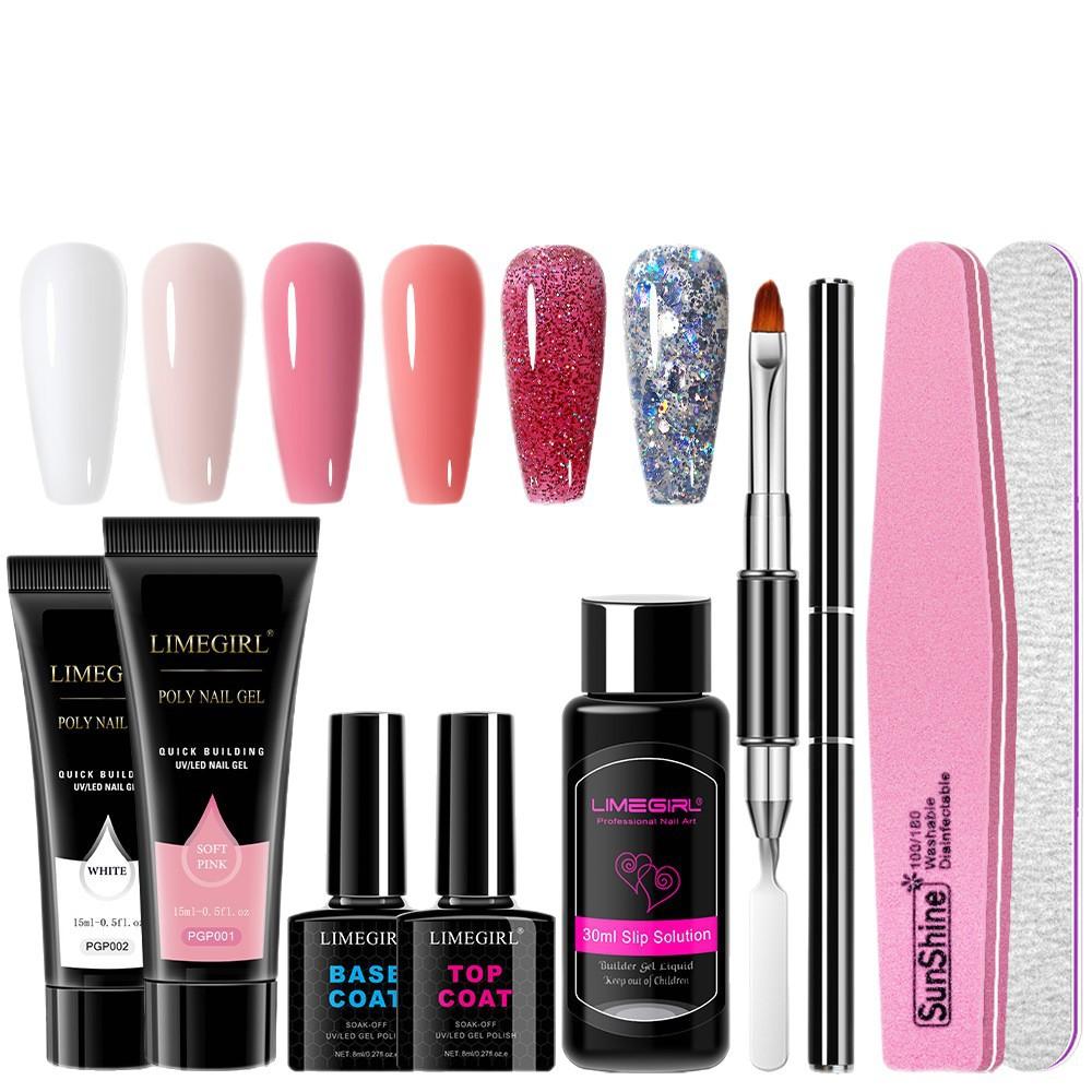 11Pcs Nail Extension Gel Kit - Clear/Nude Polygel Resin for Nail Extension, Acrylic Liquid, U-Shape Nail Forms, Brush, Nail Art Tool Set
