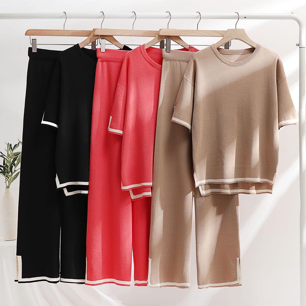 Ice Silk Knitted Suit Women's Suit Spring and Summer Two-piece Set Short-sleeved Splicing Casual and Thin Fashion
