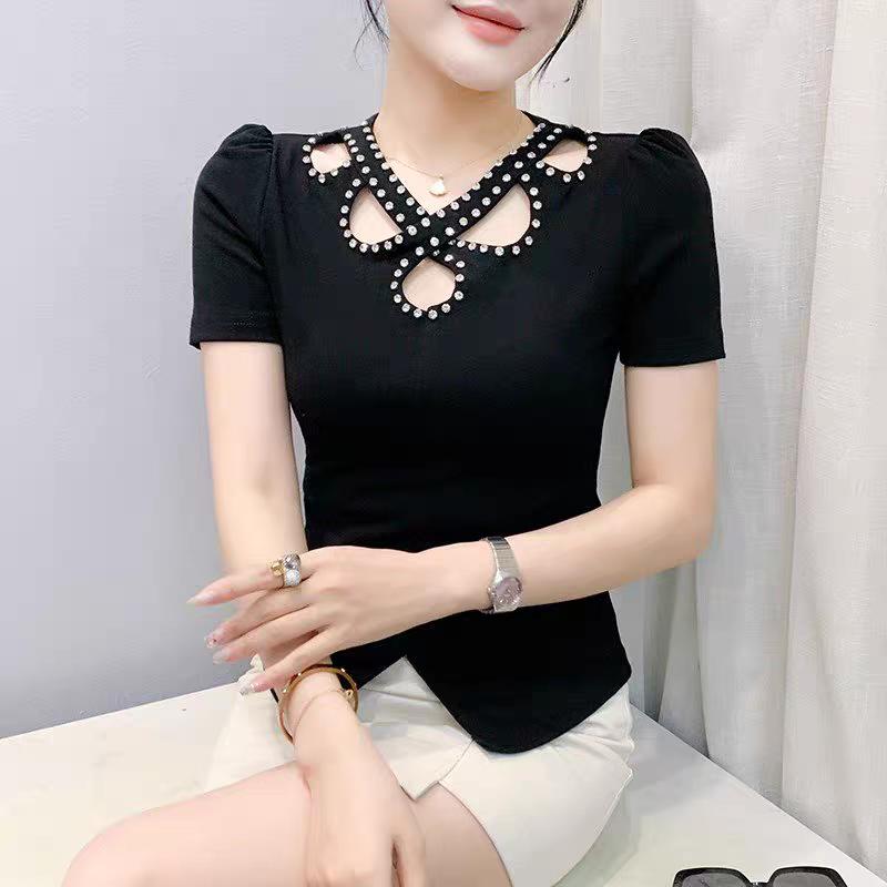 

Новая уличная одежда для девочек Хлопковая футболка с бисером Шикарная сексуальная с V-образным вырезом Женские топы Летняя футболка с коротким рукавом и облегающего кроя 3XL чёрный