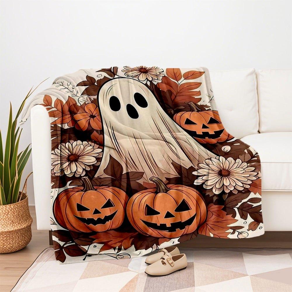 Halloween Ghost and Pumpkins Illustration PrintBlanket Flannel Throw Blanket for Sofa, Bed, Travel, Camping, Office, Couch, Chair