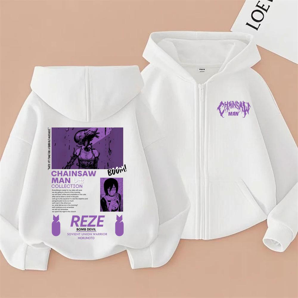Anime Chaaw Man Zipper Hoodie Cartoon Reze Graphic Zip Up Jacket Men Women Manga Oversized Fleece Cotton Zip Up Sweatshirt