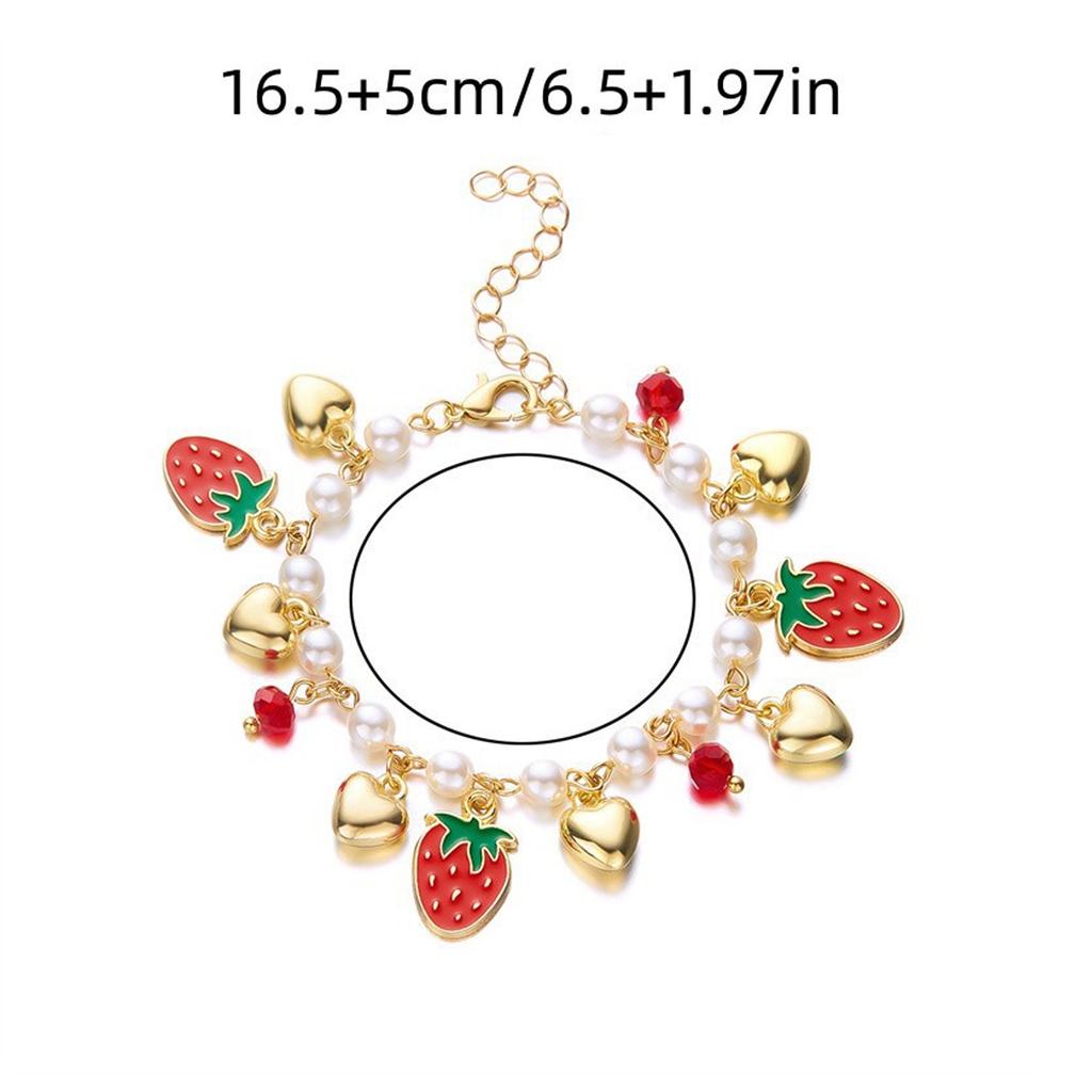 3D Strawberry Cherrys Heart Pearls Beaded Bracelet for Women Adjustable Lovely Vocation Fruit Jewelry Statement Pieces