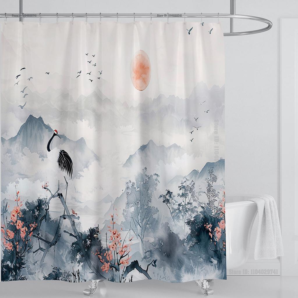 Chinese Style Flower and Birds Tree Shower Curtains Crane Pattern Bath Curtain Waterproof Bathroom Decor With Hooks 3d Printing