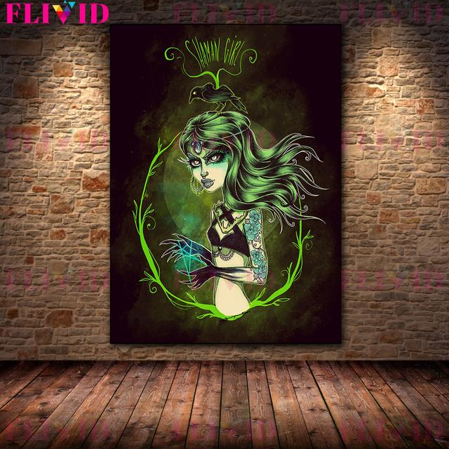 Gothic Dark Terror Girl Art Print Heavy Metal Style Witch Castle Wall Art Canvas Painting Decoration Poster