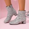 Women's Mid Heel Sexy Thick Bottom Shoes 2024 New Ladies Glitter Gold Chunky Heel Sequins Trendy Women's Shoes