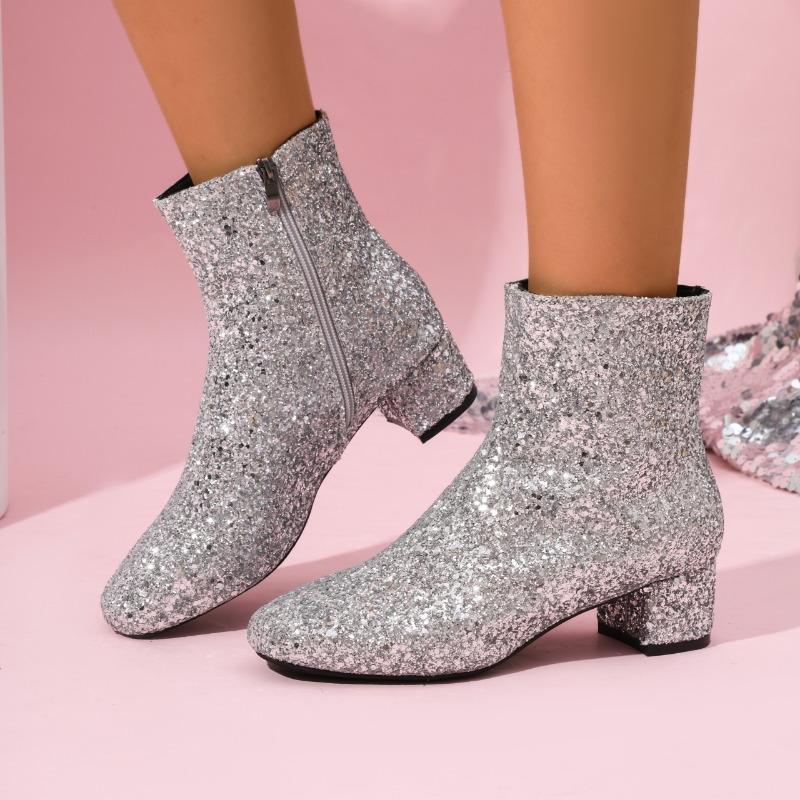Women's Mid Heel Sexy Thick Bottom Shoes 2024 New Ladies Glitter Gold Chunky Heel Sequins Trendy Women's Shoes