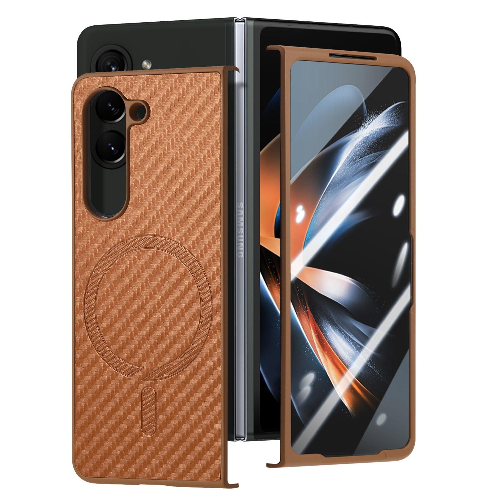 

Магнитный чехол для Samsung Galaxy Z Fold6 5G, кожаная крышка с текстурой углеродного волокна + ПК с защитной пленкой для экрана Brown