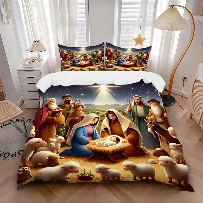 3pcs Christmas Nativity Scene Bedding Set - Includes One Quilt Cover and Two Pillowcases (No Core) - Festive Decoration for Bedroom and Guest Room, An