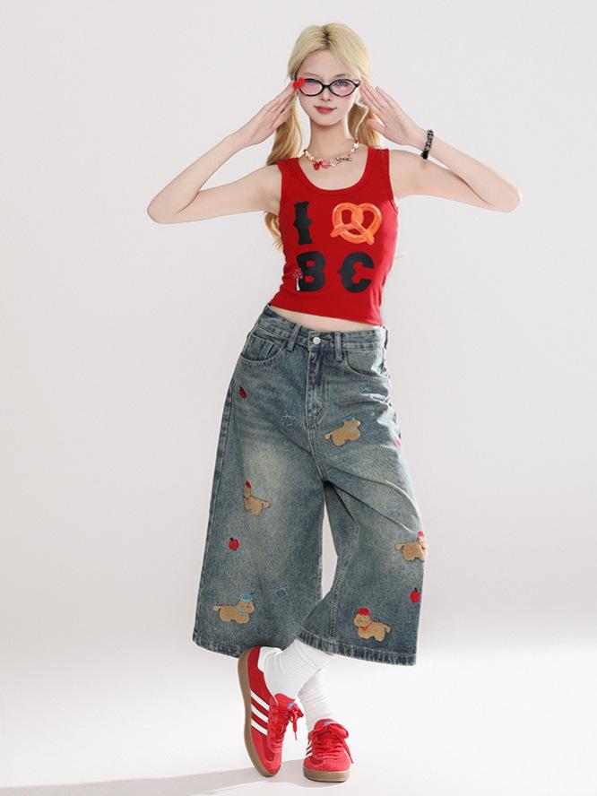 Women's Retro Cute Embroidered Puppy Chenille Denim Shorts - 2025 Summer Seven-Point Loose Fit