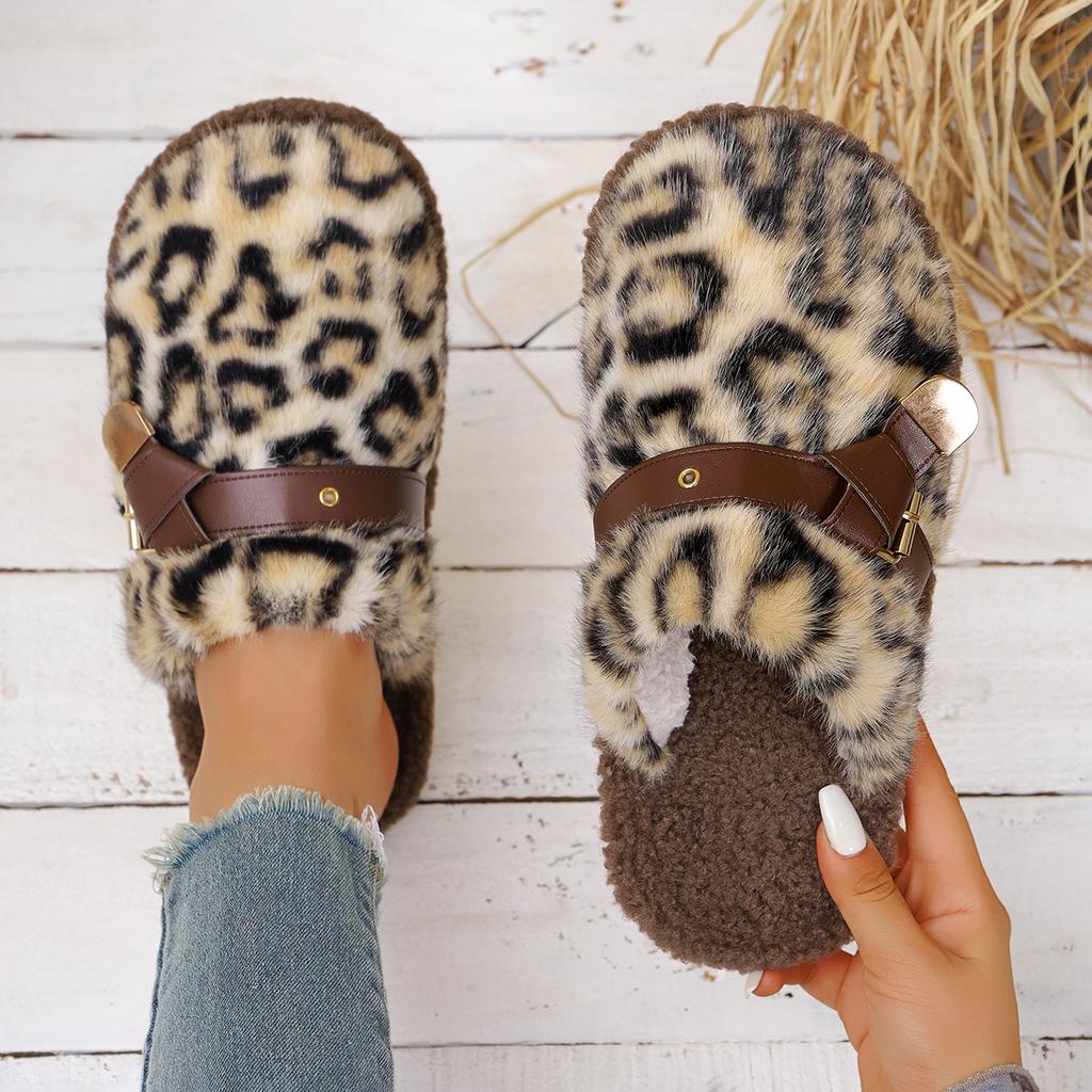 Women Thick Bottom Fur Slippers  Leopard Pattern Slides Women New Popular Head Cover Cotton Shoes Autumn Winter Outdoor Slippers
