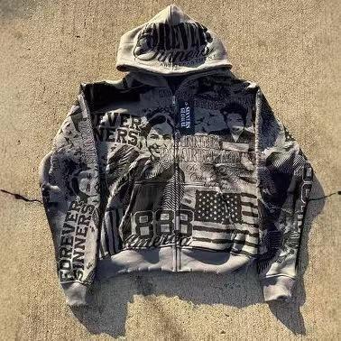 Men's and women's same casual fashion hooded personalized retro loose jacket trade trend printed sweater