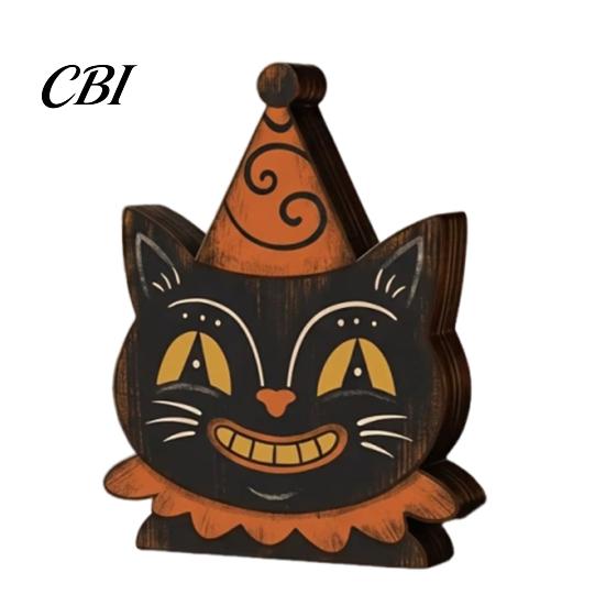 Durable Wooden Party Ornaments Halloween Vintage Ornaments, Cute Bat/Black Cat/Owl/Pumpkin/Ghost/Skull Decorations, Retro Indoor Room Decor Distressed