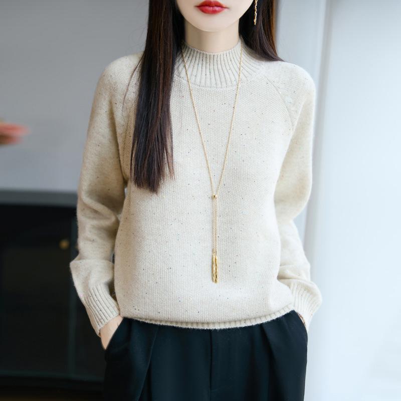 Nieuwe Gebreide Trui met Semi-hoge Hals Lange Mouwen Dames Pailletten Losse Pullover Basislaag voor Herfst en Winter