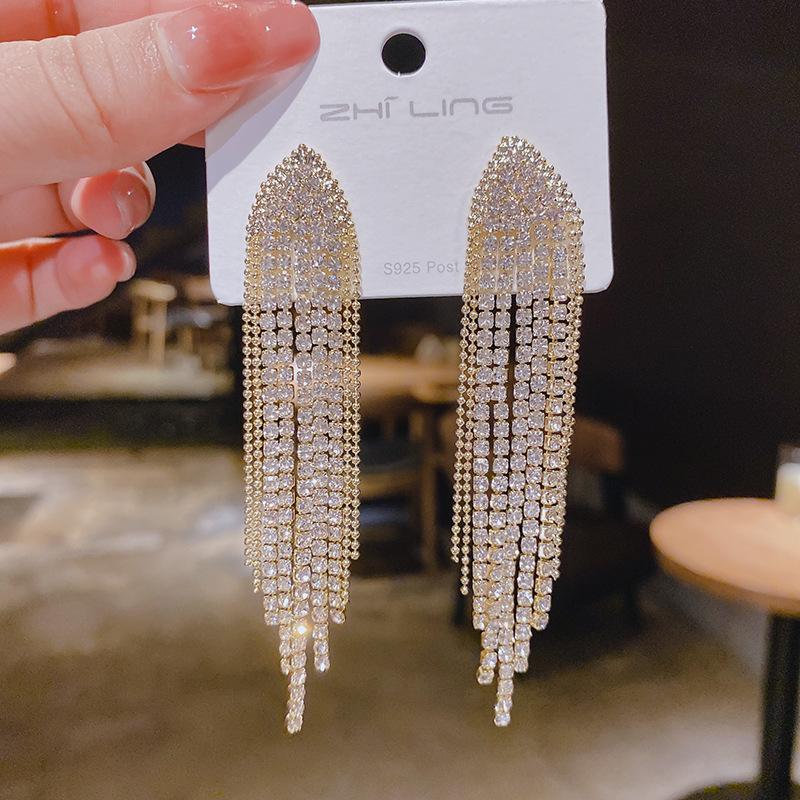 Fashion Statement Earring Long Full Rhinestone Big Earrings for Women Shining Tassel Dangle Earrings Wedding Jewelry Gift