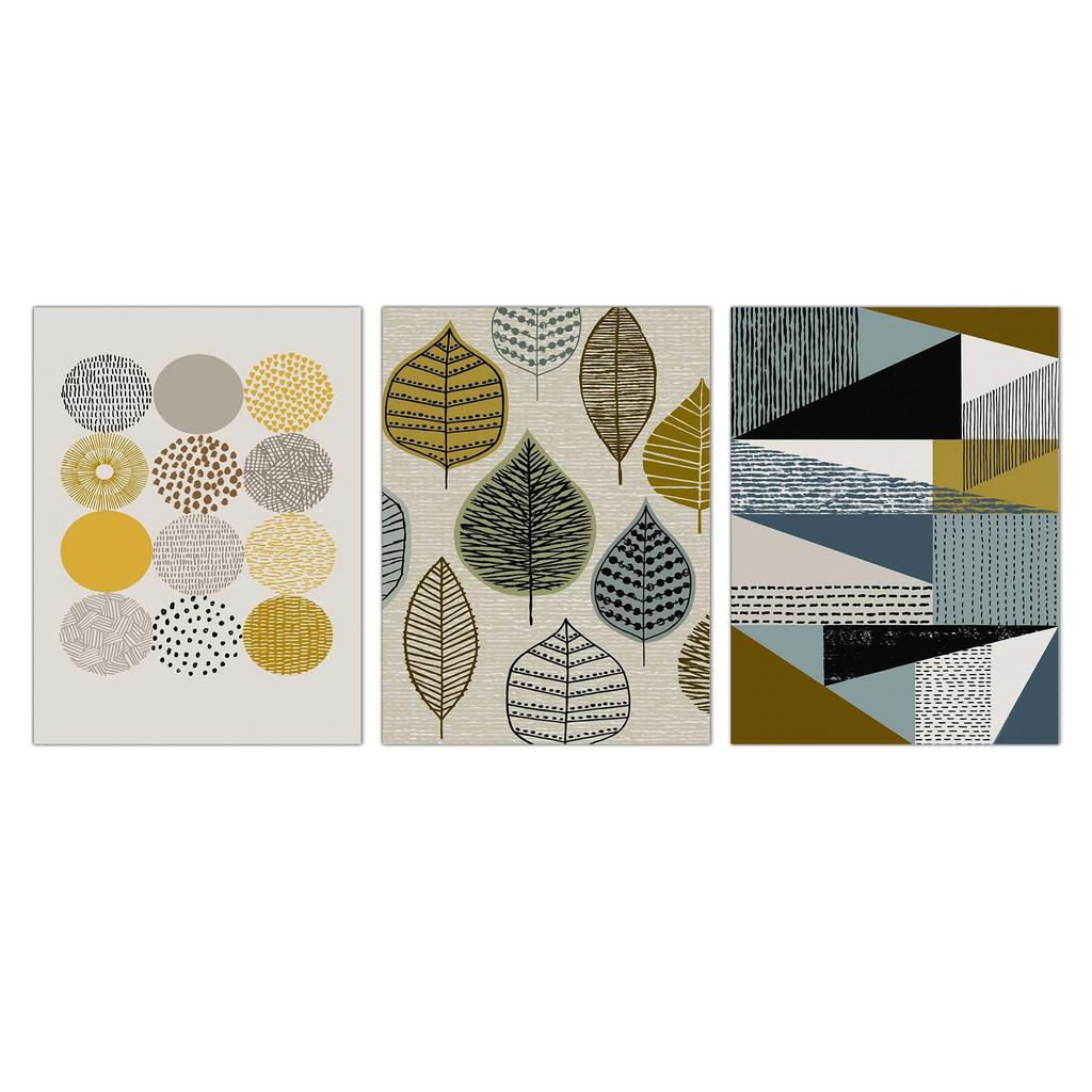 Three Nordic Retro Art Panels with Round Leaf and Geometric Wall Decorative Sofa Background Wall Hangings for Living Porch Fully Framed Patterns, Art,