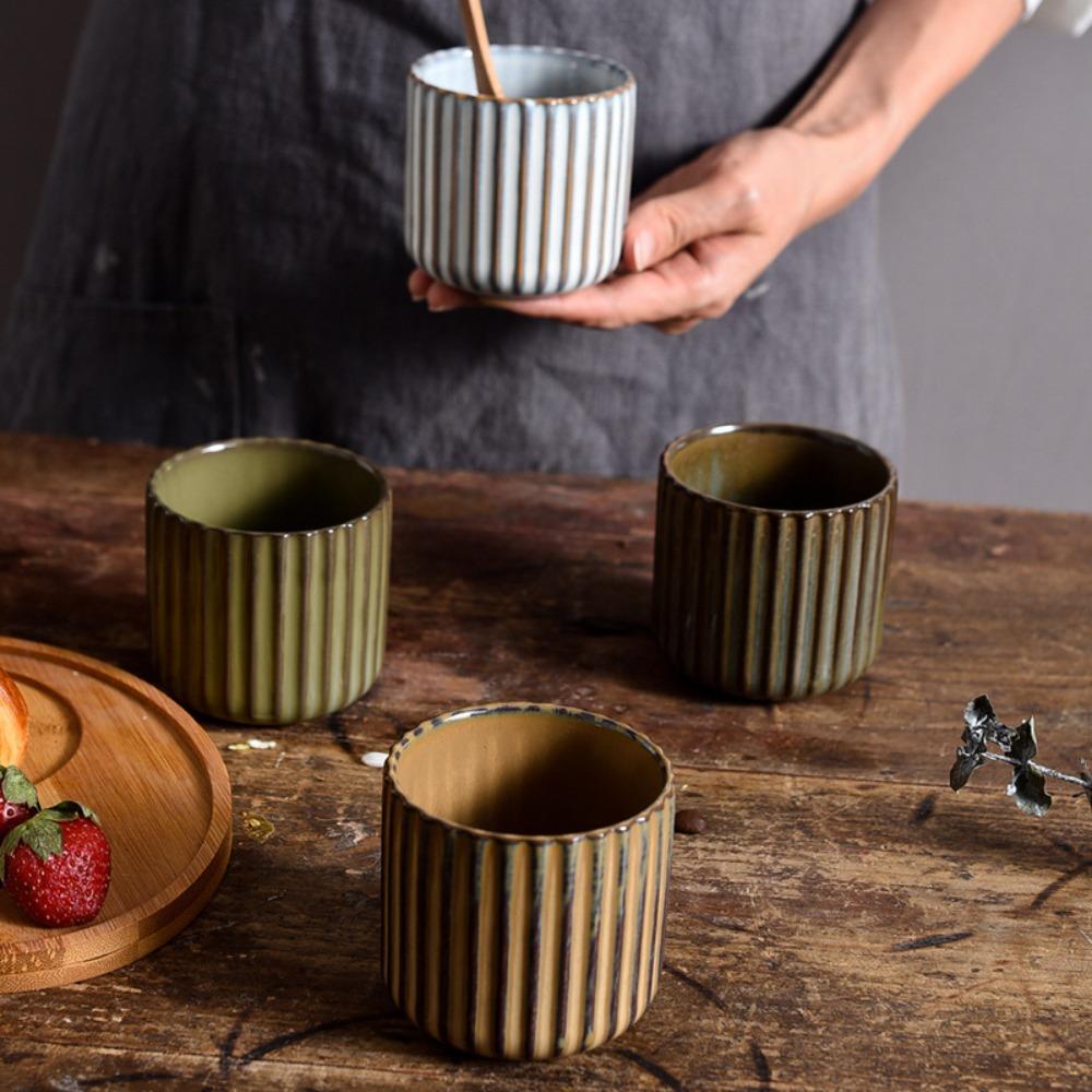 Vertical Striped Japanese Style Ceramic Tea Cup Kiln-Changed Glaze Coffee Mug Sushi Restaurant