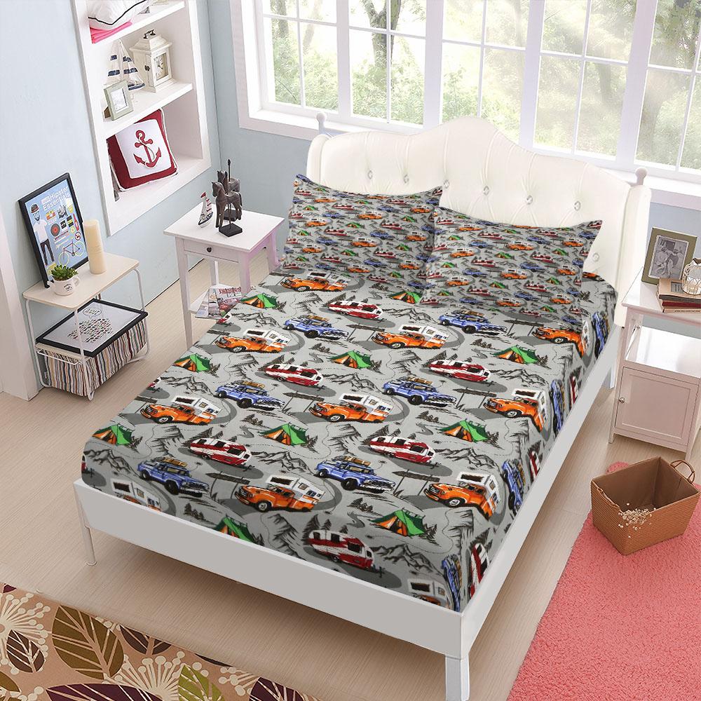 Retro Cars Fitted Sheet Set King Queen Double Full Size Bed Linen Set