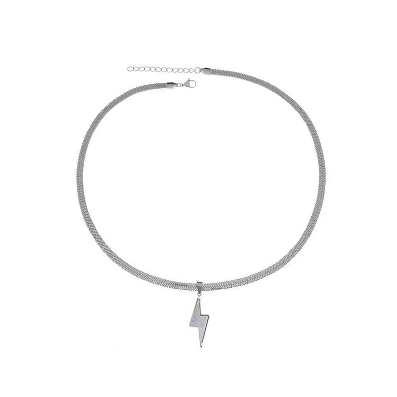 

Light luxury niche silver natural white fritillary lightning pendant snake bone chain titanium steel couple necklace male and female personality
